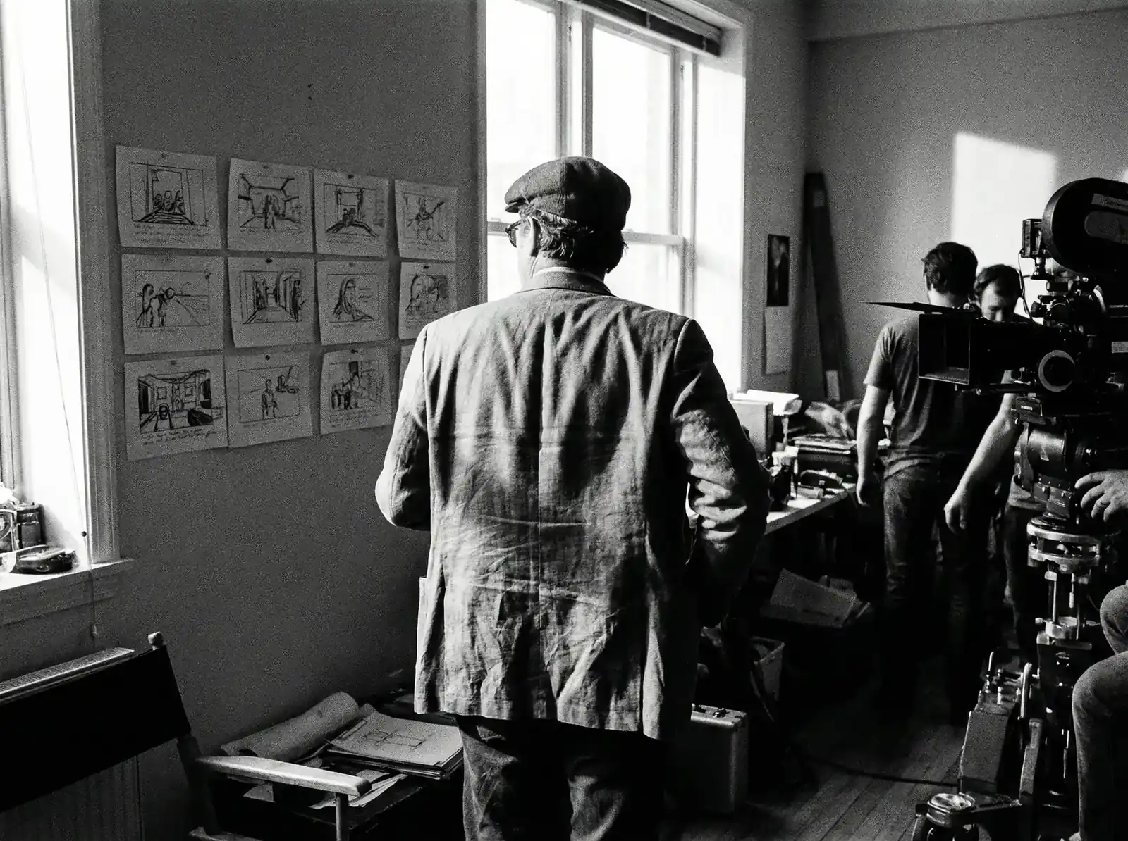 导演审阅分镜手稿的幕后照片